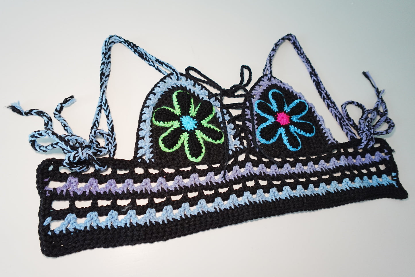 Retro Flowers Crochet Bra top in Black x Multi color