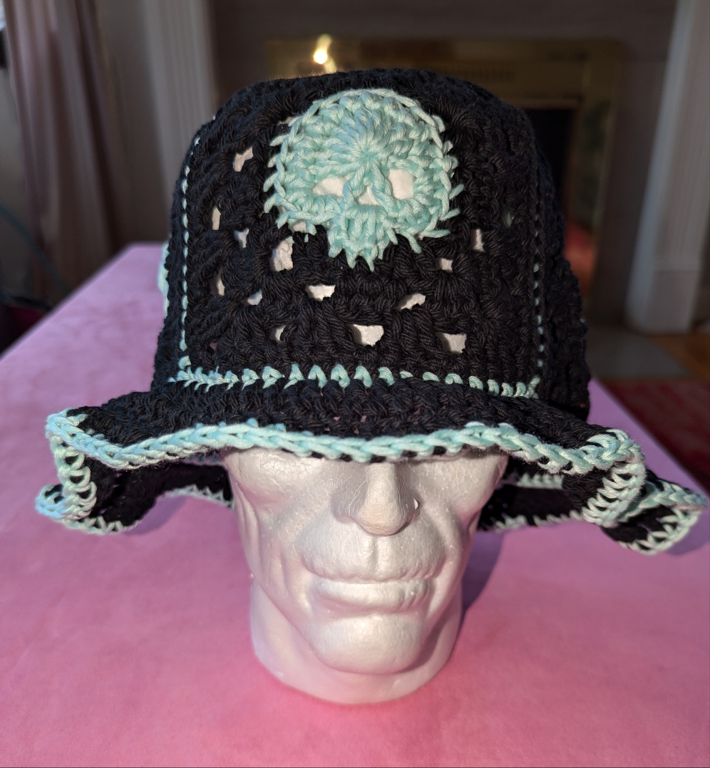 Glow in dark ✨ Skulls Crochet Bucket hat in icy blue x black