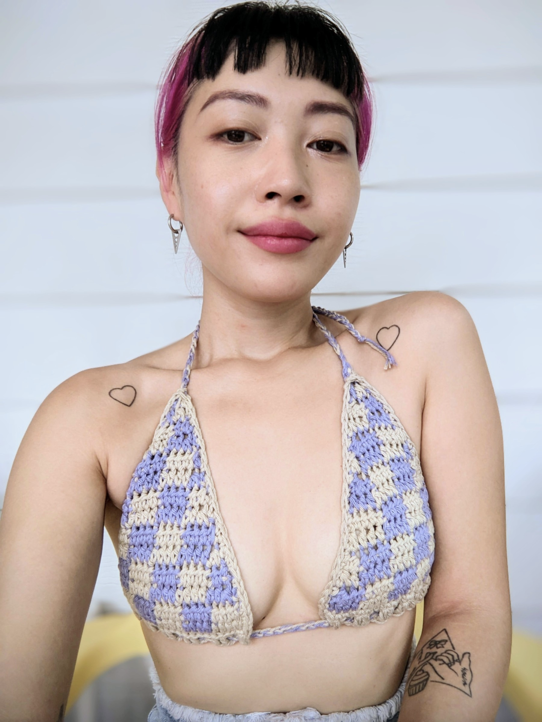 Purple x Beige Checked Crochet Bra top