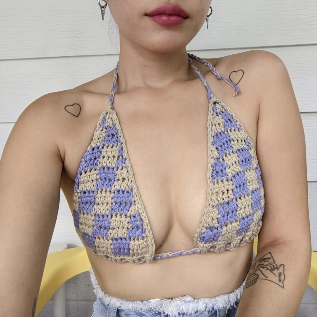 Purple x Beige Checked Crochet Bra top
