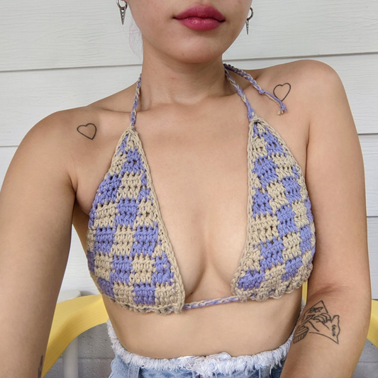 Purple x Beige Checked Crochet Bra top