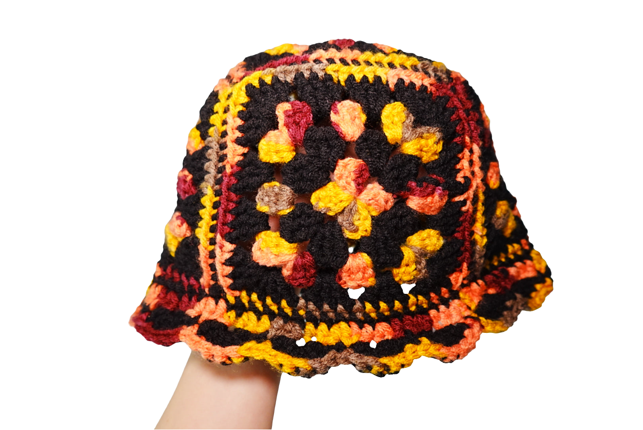 Crochet Granny Square Bucket Hat in Black x Orange mix