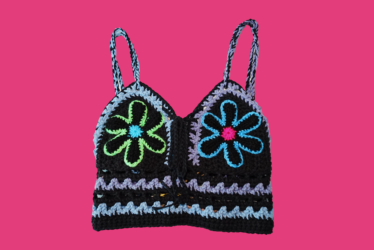 Retro Flowers Crochet Bra top in Black x Multi color