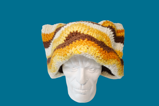 Wavey Crochet Cat Ear Hat in Brown x Yellow x White