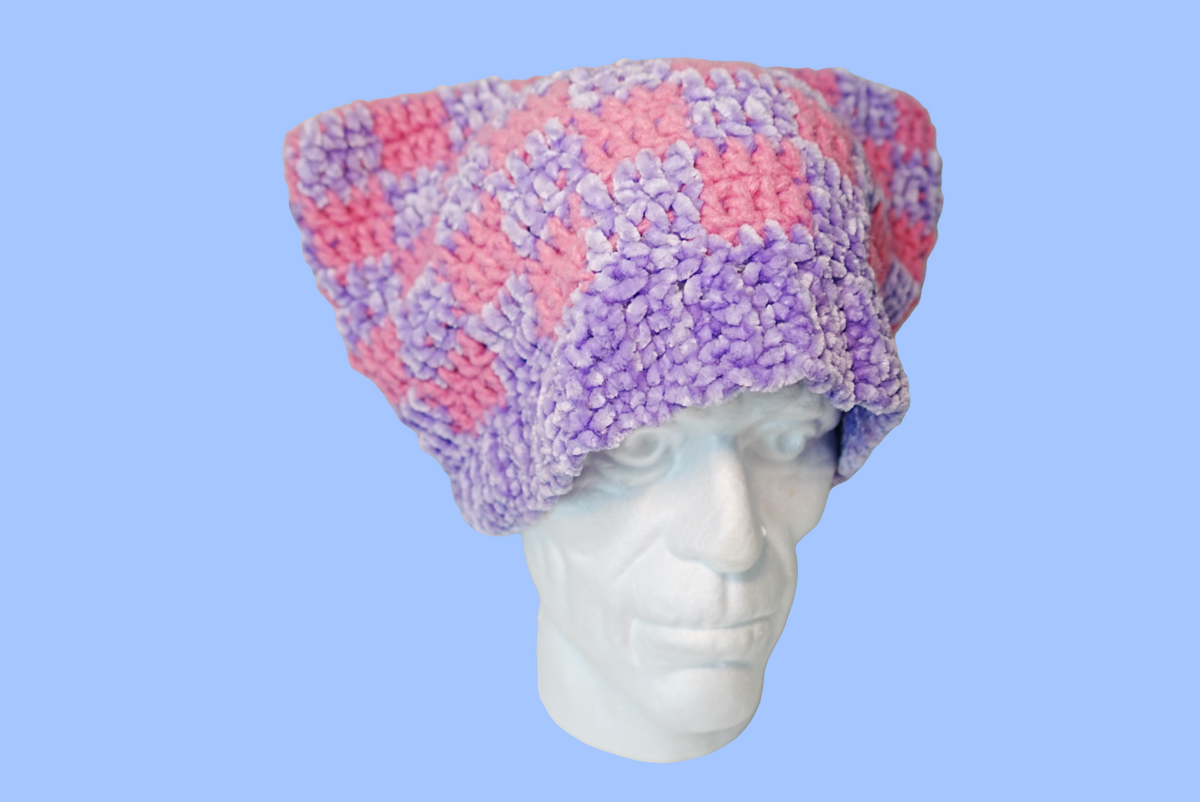 Checkered Cat Ears Crochet Hat in Pink x Purple