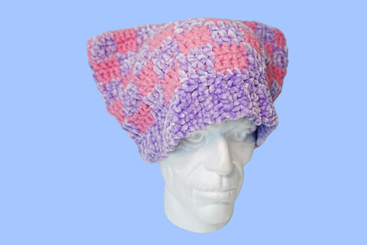 Checkered Cat Ears Crochet Hat in Pink x Purple