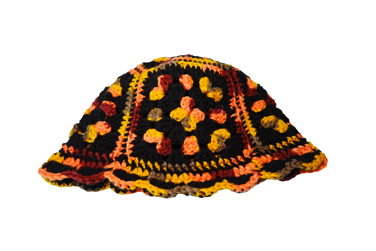 Crochet Granny Square Bucket Hat in Black x Orange mix