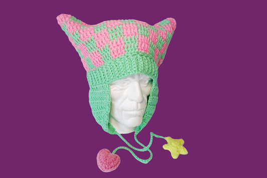 Checkered Cat Ears Crochet Hat in NeonPink x MintGreen