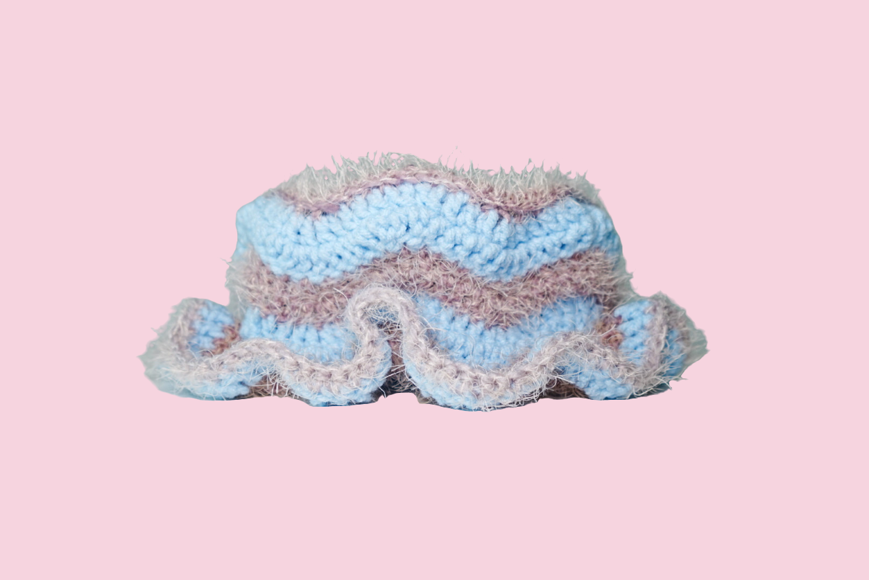 Zigzag Fuzzy Crochet Hat in Ice Blue x Grey