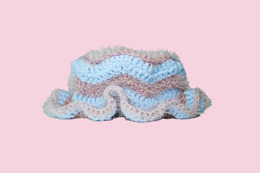 Zigzag Fuzzy Crochet Hat in Ice Blue x Grey