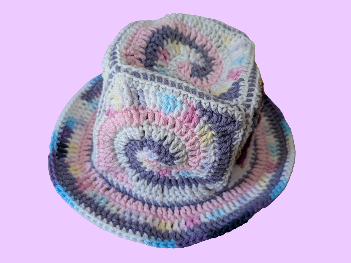 Spiral x Eye Crochet hat in Pastel Pink and Purple