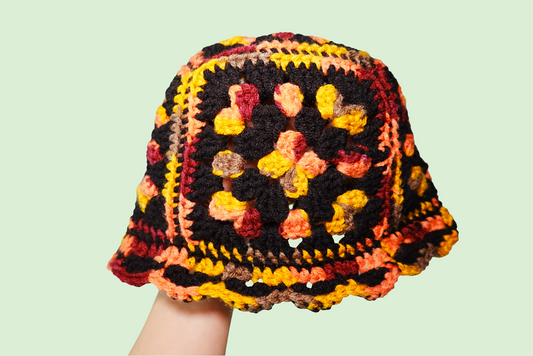 Crochet Granny Square Bucket Hat in Black x Orange mix