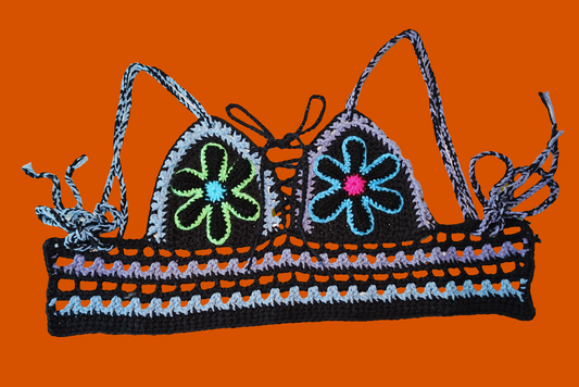 Retro Flowers Crochet Bra top in Black x Multi color
