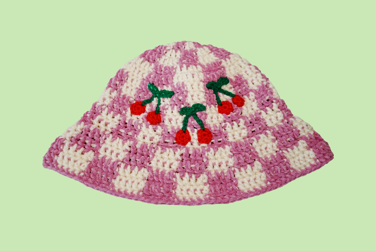 Checkered x Cherries Crochet Hat