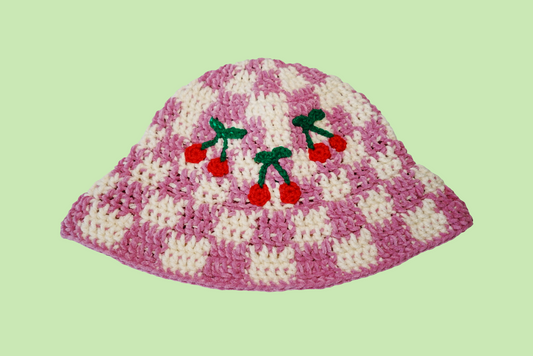 Checkered x Cherries Crochet Hat