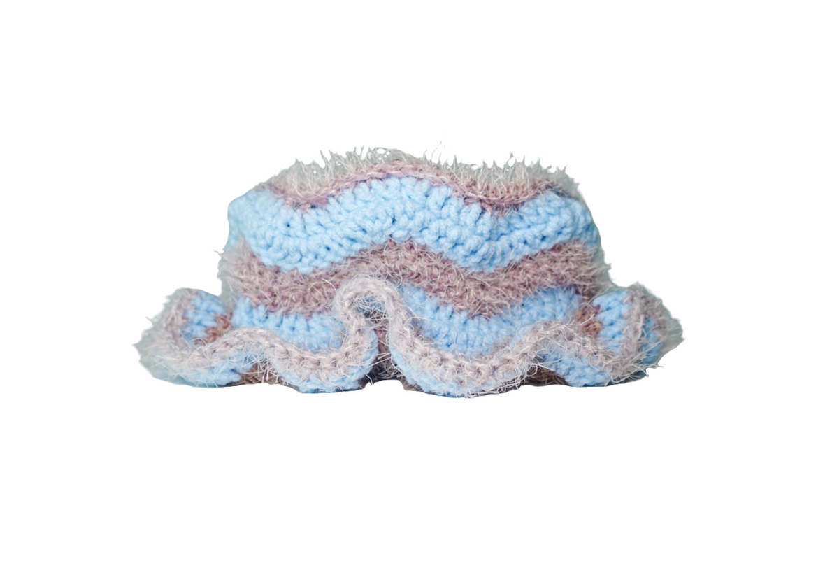 Zigzag Fuzzy Crochet Hat in Ice Blue x Grey