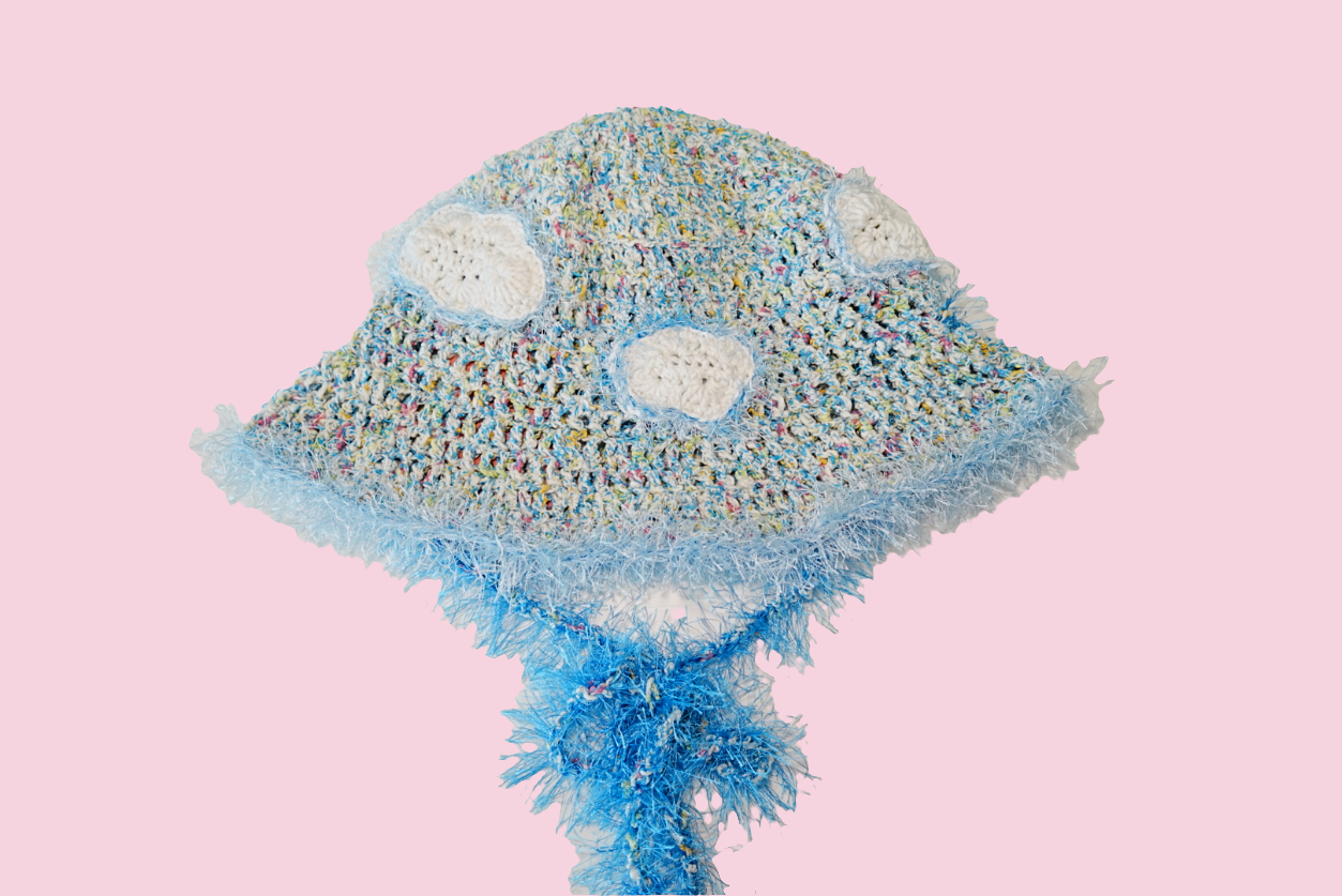 Fuzzy Clouds Crochet Hat in White x Blue