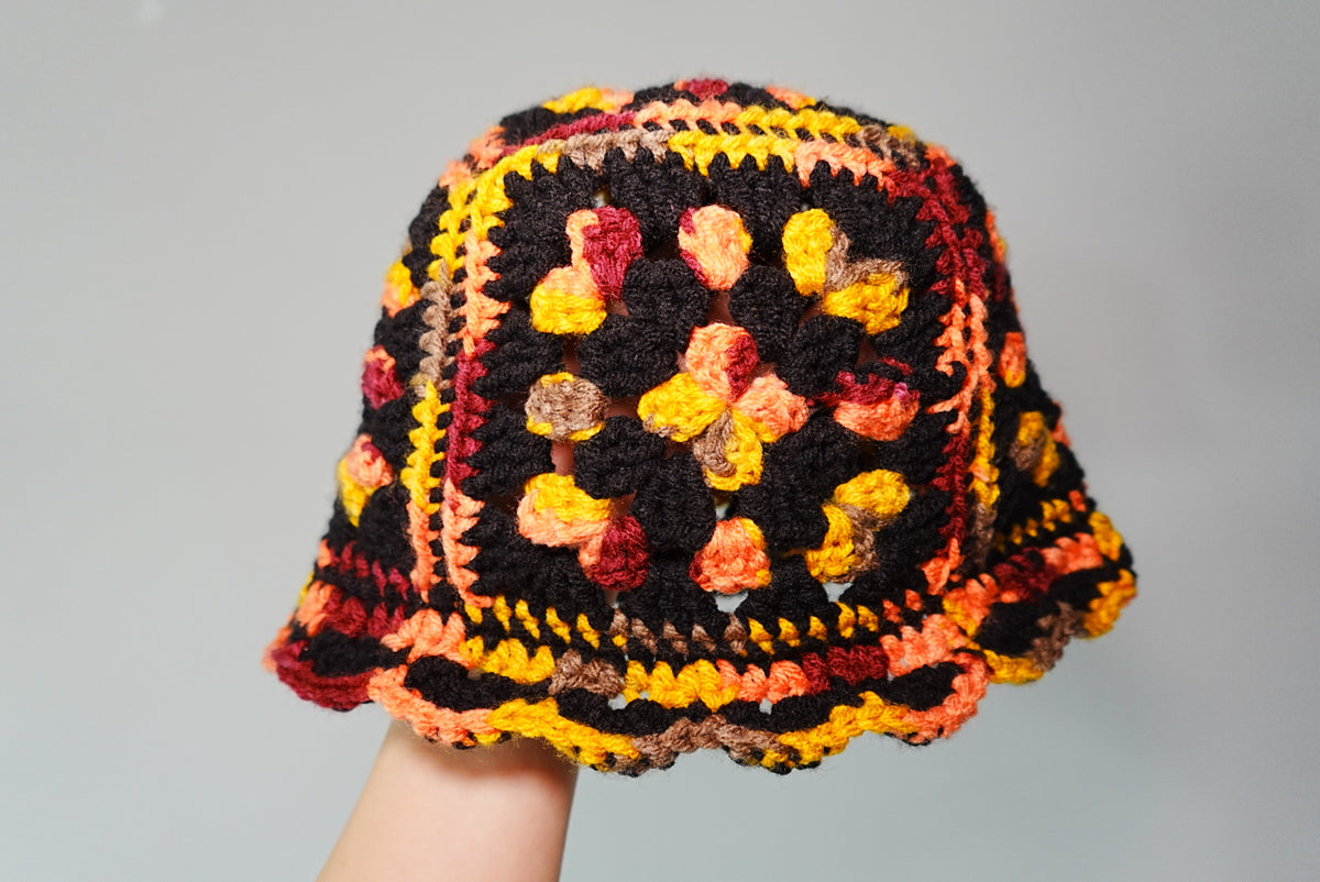 Crochet Granny Square Bucket Hat in Black x Orange mix
