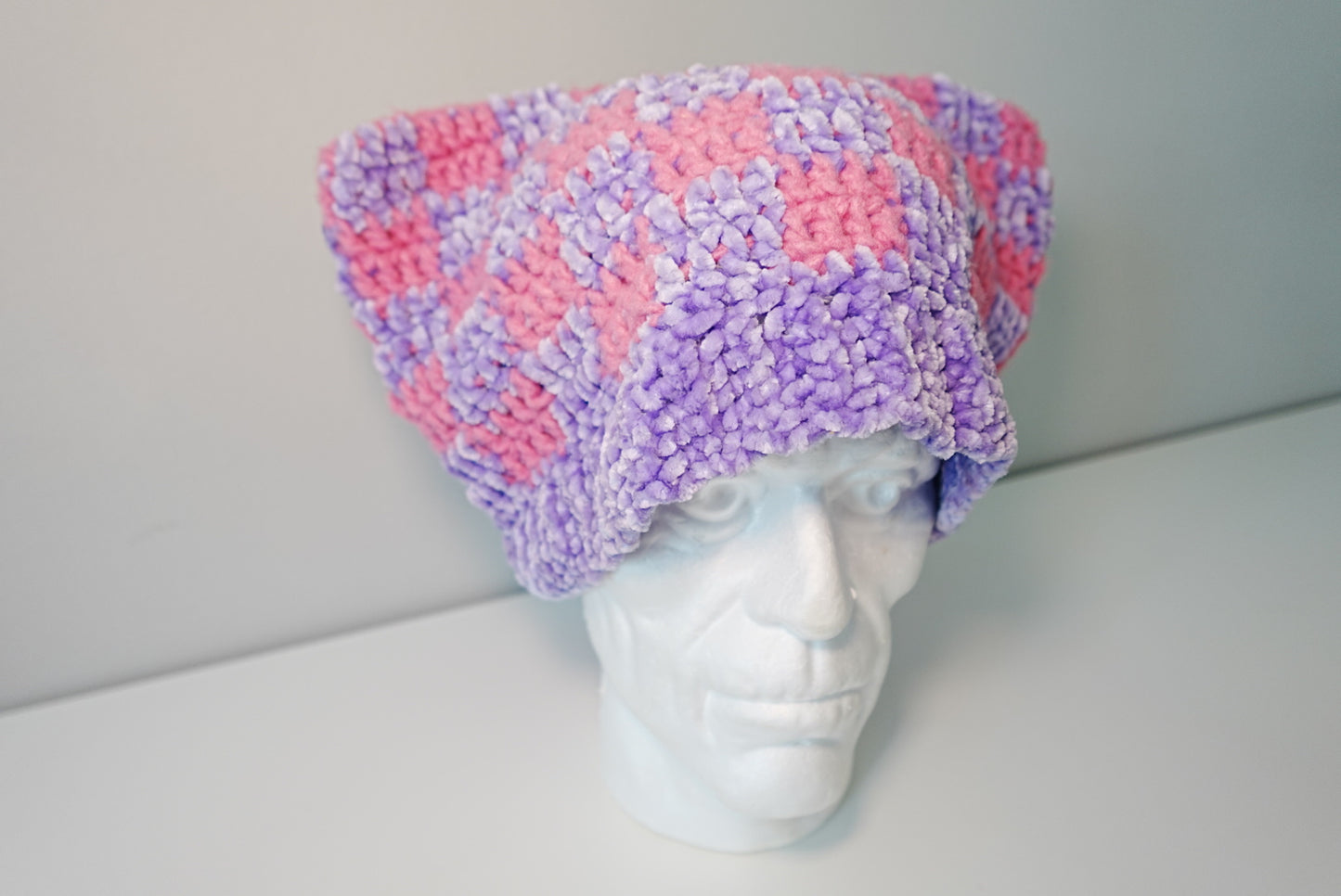 Checkered Cat Ears Crochet Hat in Pink x Purple