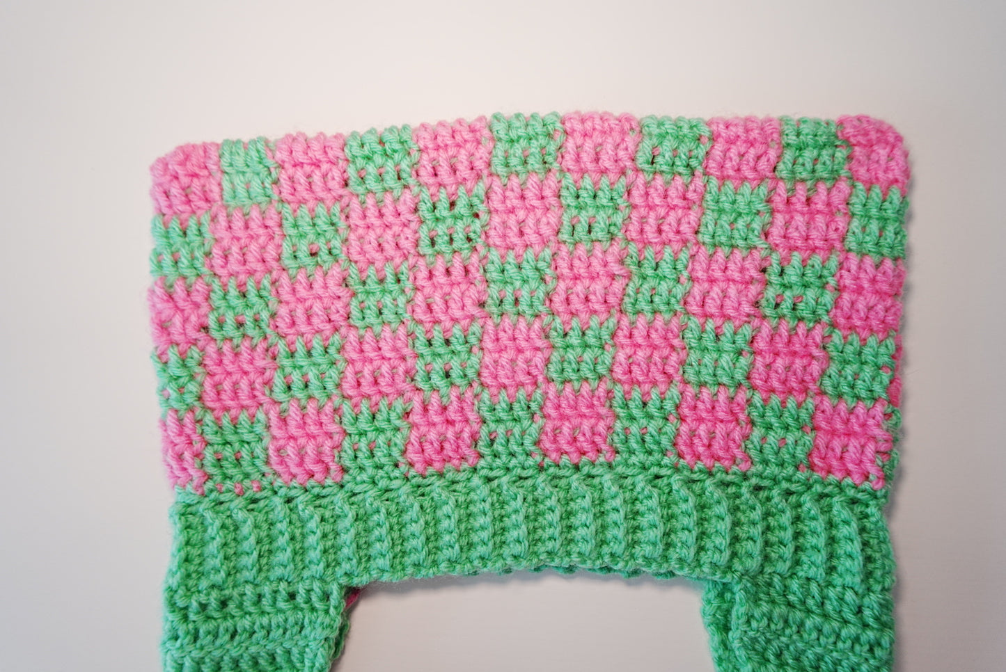 Checkered Cat Ears Crochet Hat in NeonPink x MintGreen