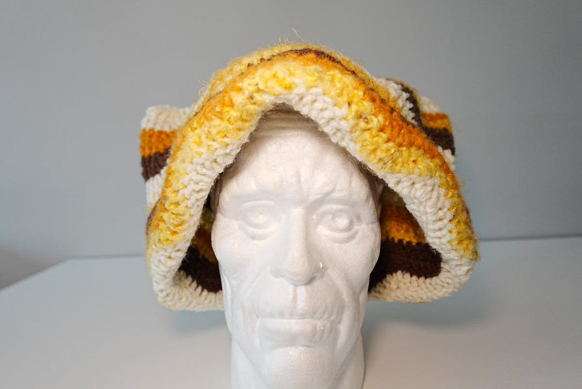 Wavey Crochet Cat Ear Hat in Brown x Yellow x White