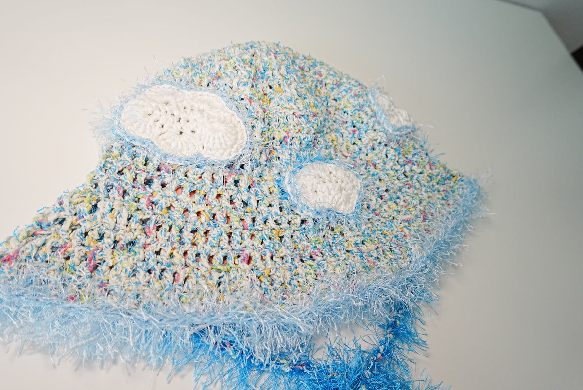 Fuzzy Clouds Crochet Hat in White x Blue