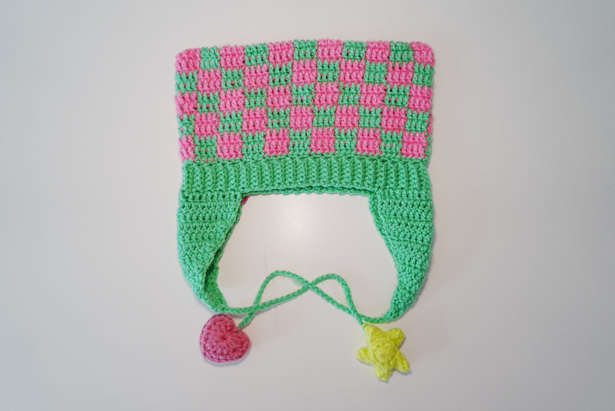 Checkered Cat Ears Crochet Hat in NeonPink x MintGreen