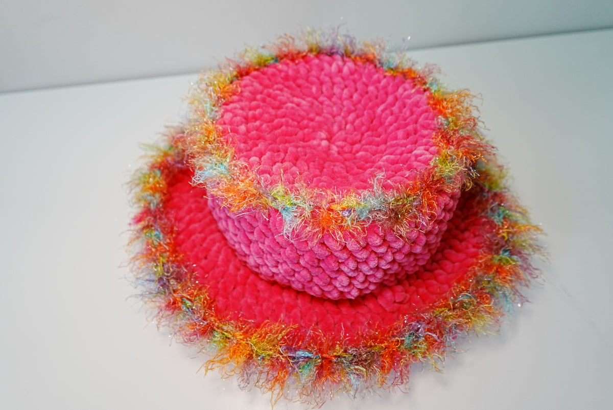 NeonPink Fluffy Crochet Bucket Hat