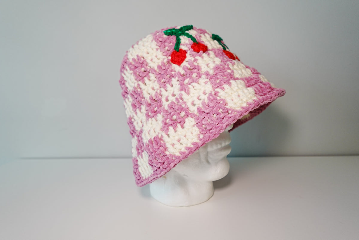 Checkered x Cherries Crochet Hat