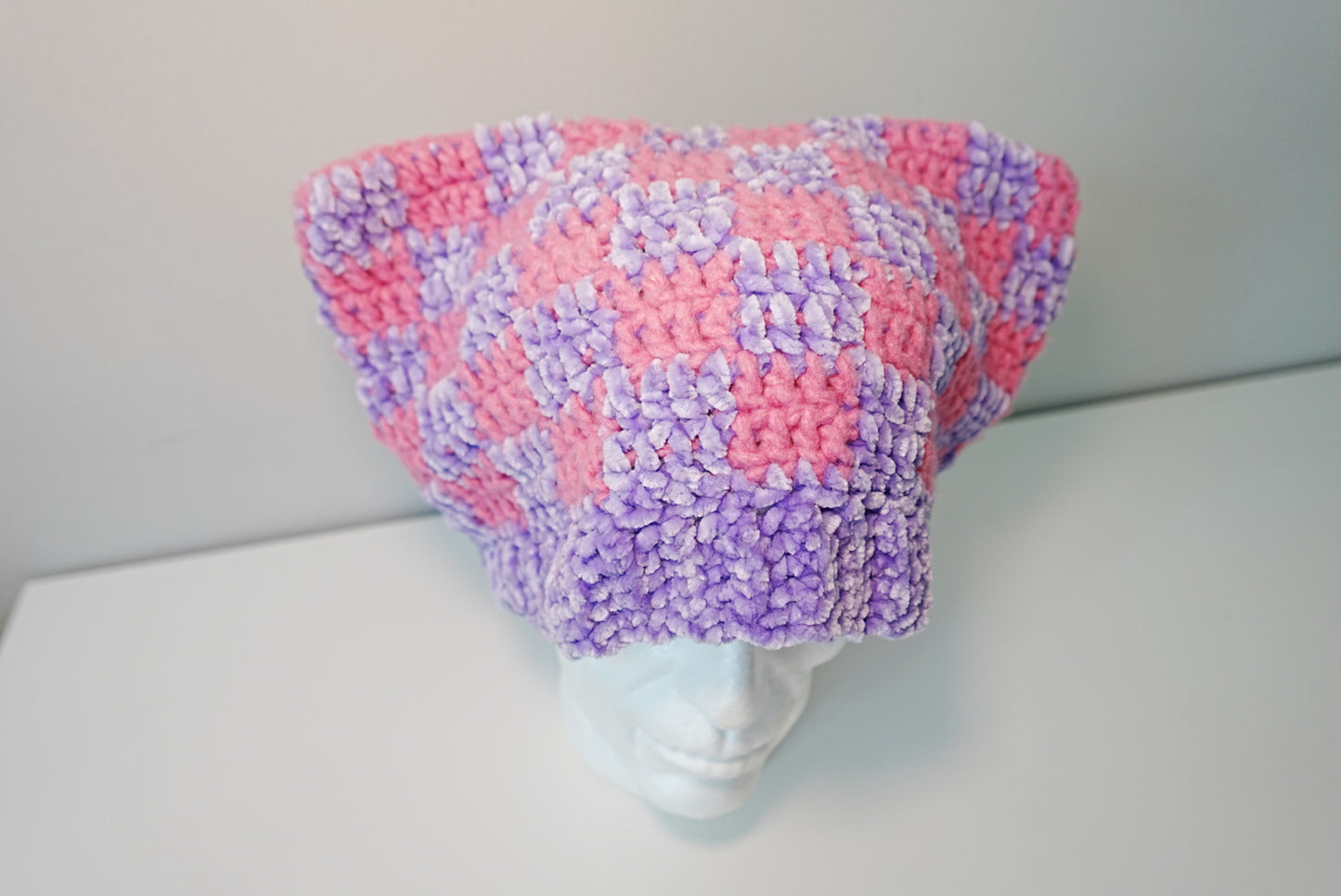 Checkered Cat Ears Crochet Hat in Pink x Purple