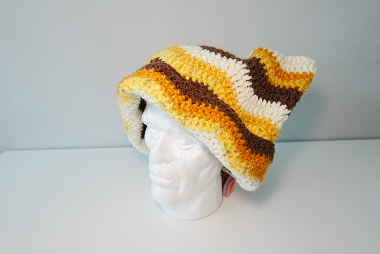 Wavey Crochet Cat Ear Hat in Brown x Yellow x White