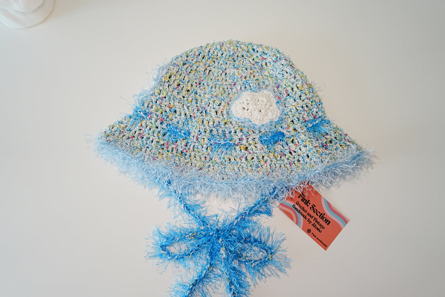 Fuzzy Clouds Crochet Hat in White x Blue