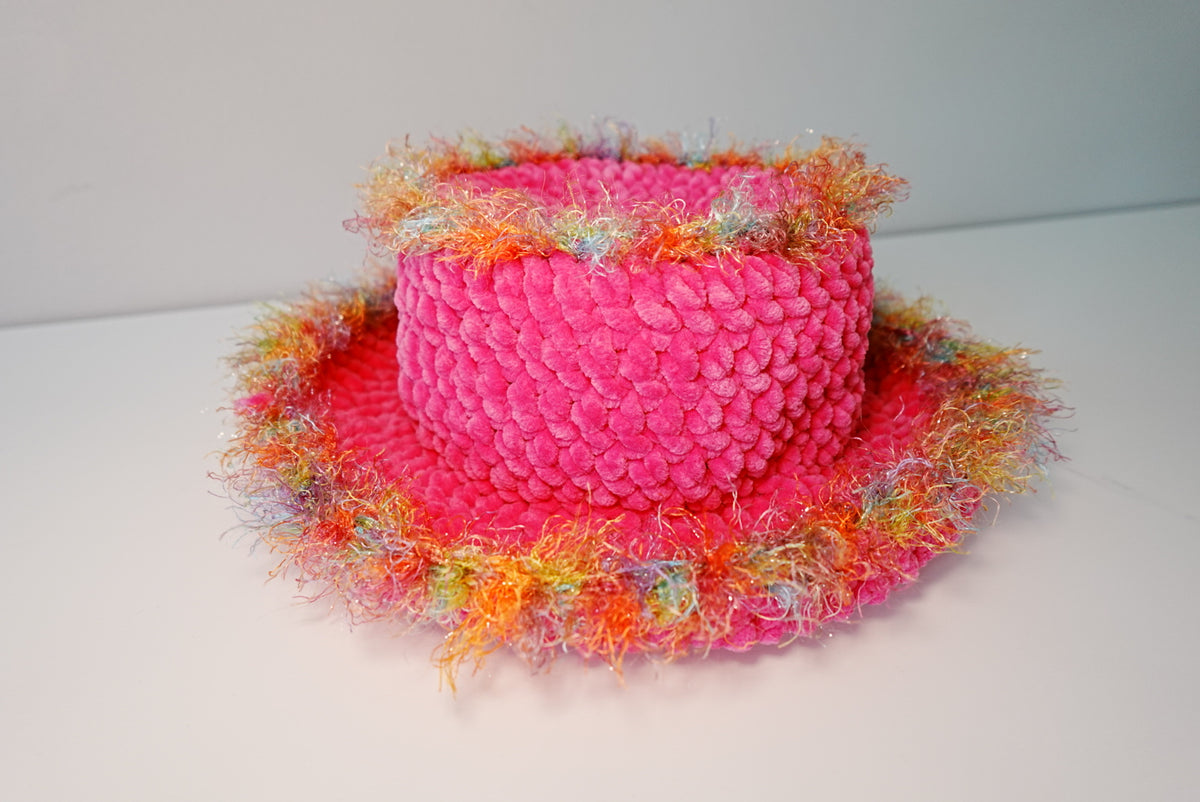 NeonPink Fluffy Crochet Bucket Hat