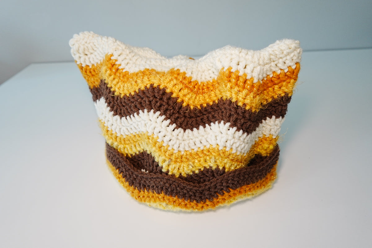 Wavey Crochet Cat Ear Hat in Brown x Yellow x White