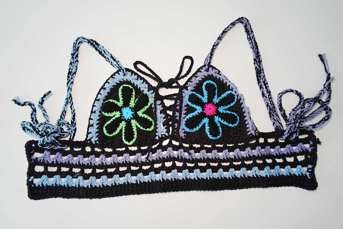 Retro Flowers Crochet Bra top in Black x Multi color