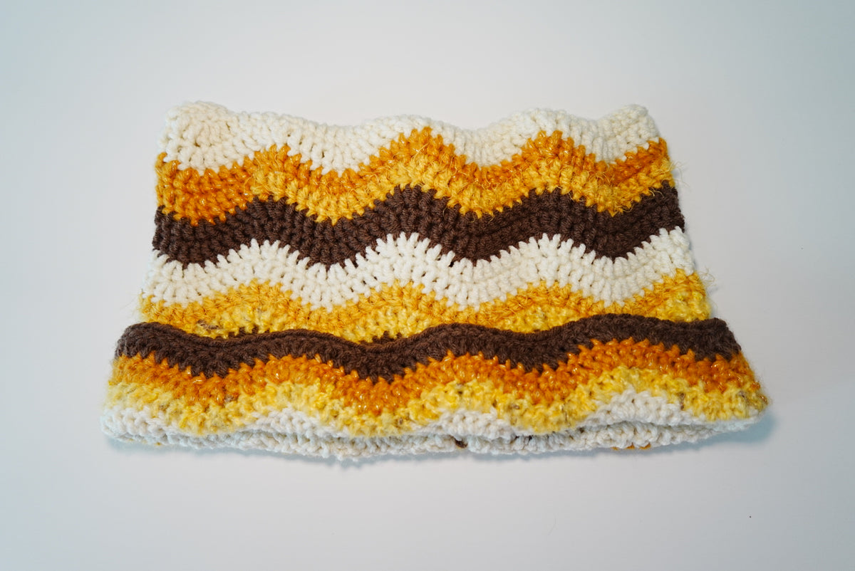 Wavey Crochet Cat Ear Hat in Brown x Yellow x White