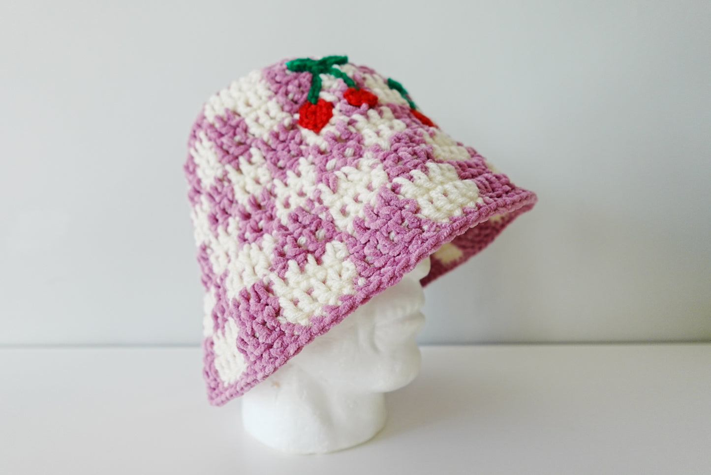 Checkered x Cherries Crochet Hat