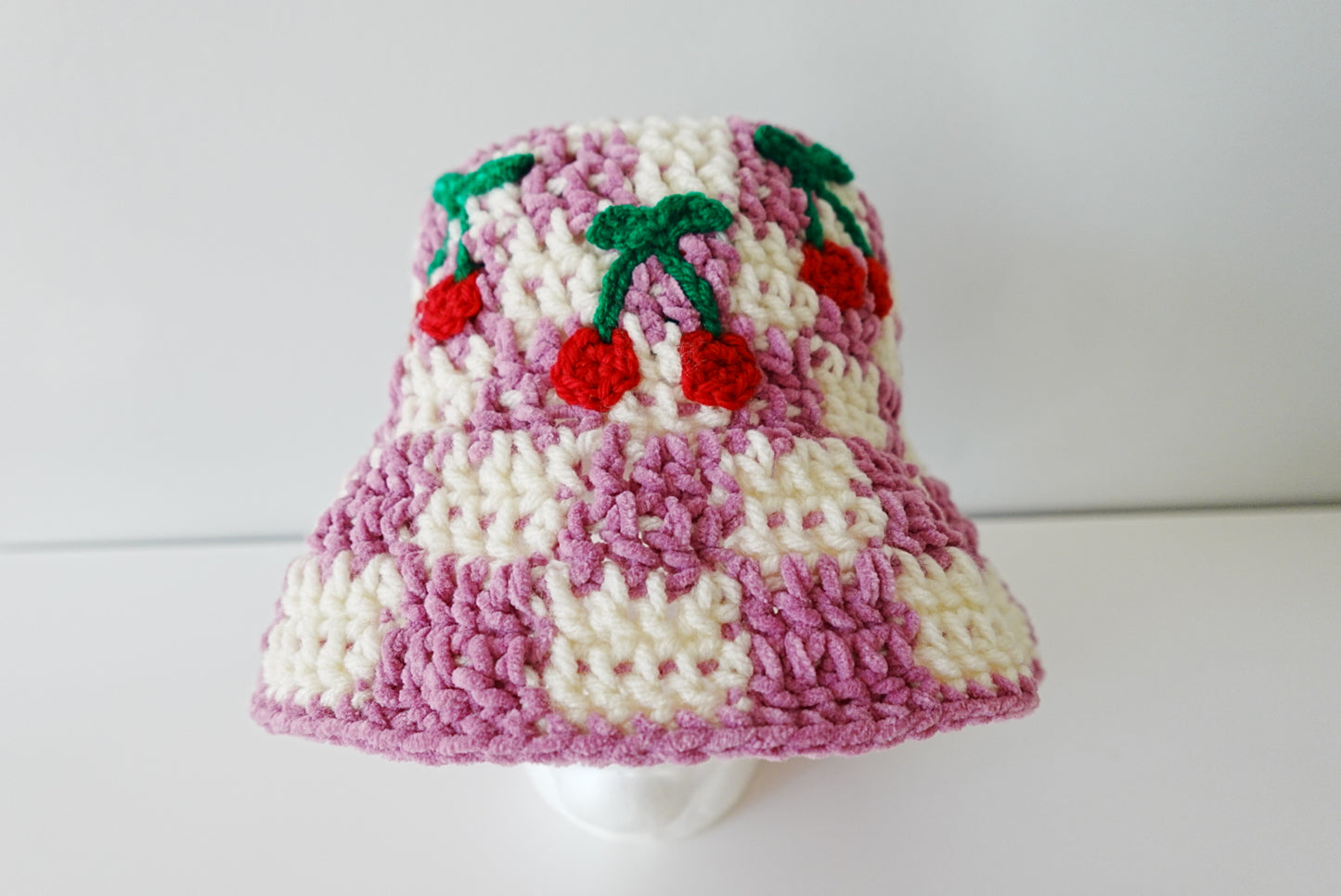 Checkered x Cherries Crochet Hat