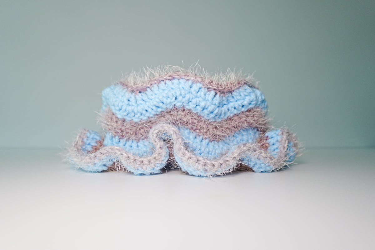 Zigzag Fuzzy Crochet Hat in Ice Blue x Grey