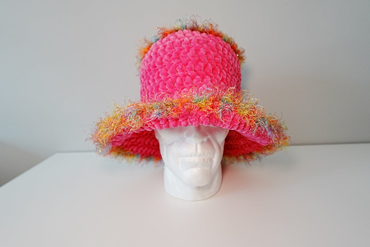 NeonPink Fluffy Crochet Bucket Hat