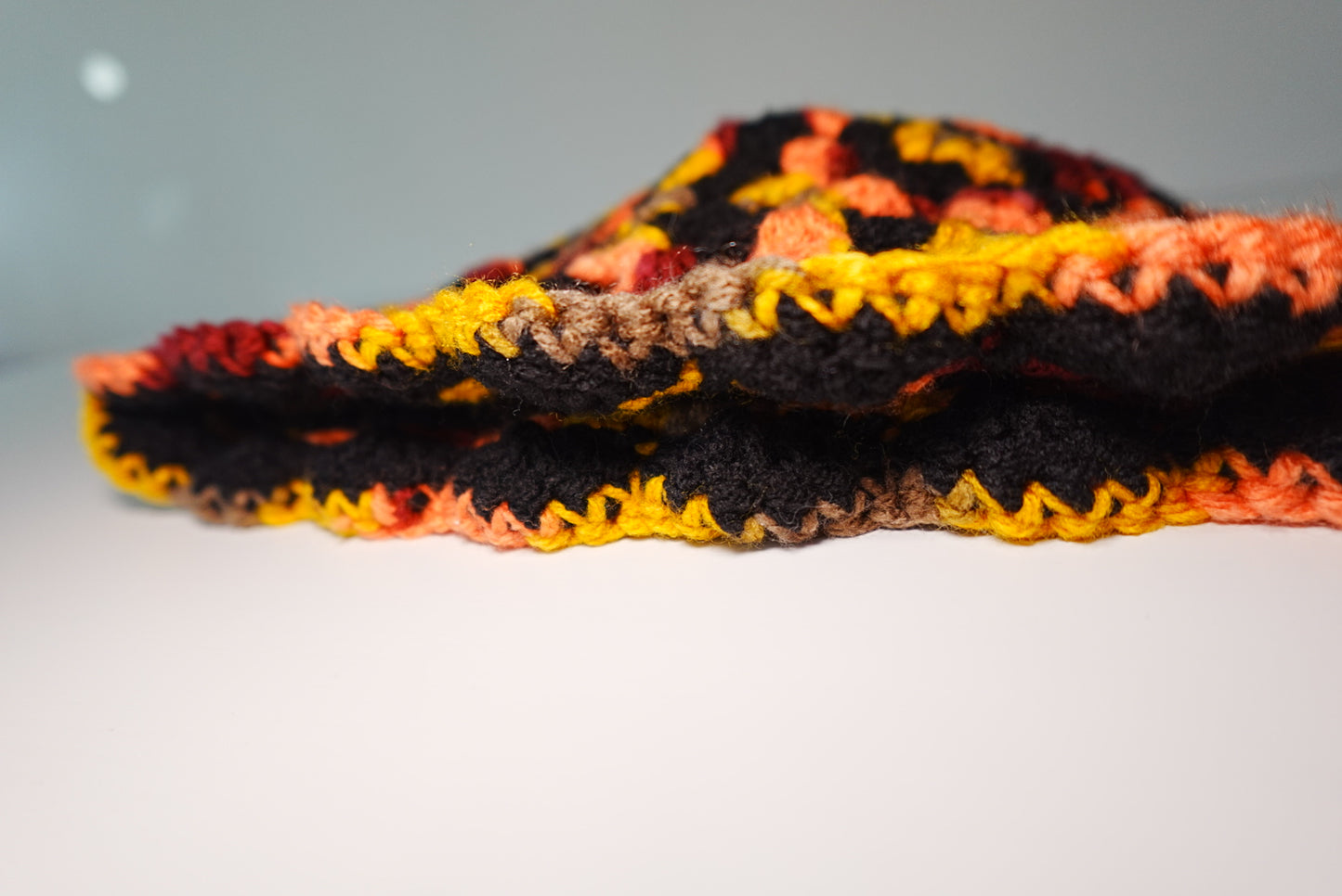 Crochet Granny Square Bucket Hat in Black x Orange mix