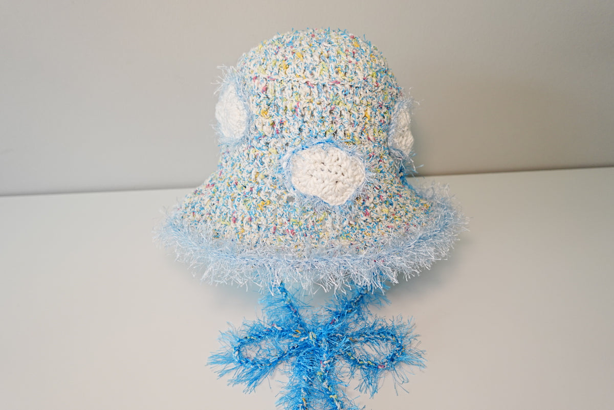 Fuzzy Clouds Crochet Hat in White x Blue