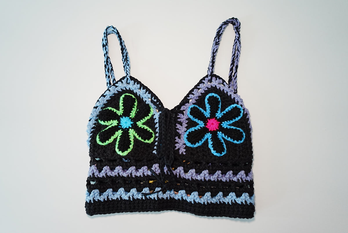 Retro Flowers Crochet Bra top in Black x Multi color