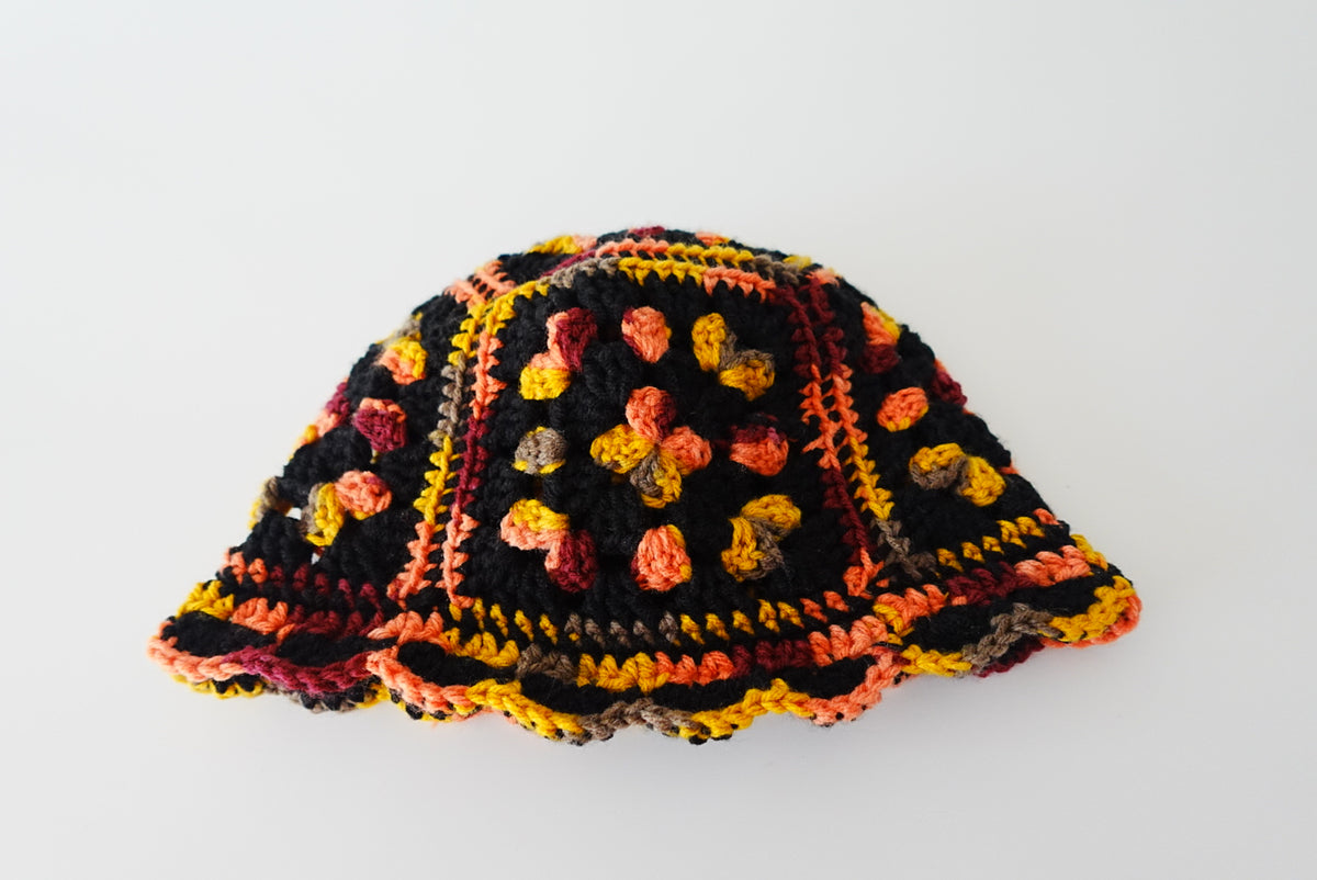 Crochet Granny Square Bucket Hat in Black x Orange mix