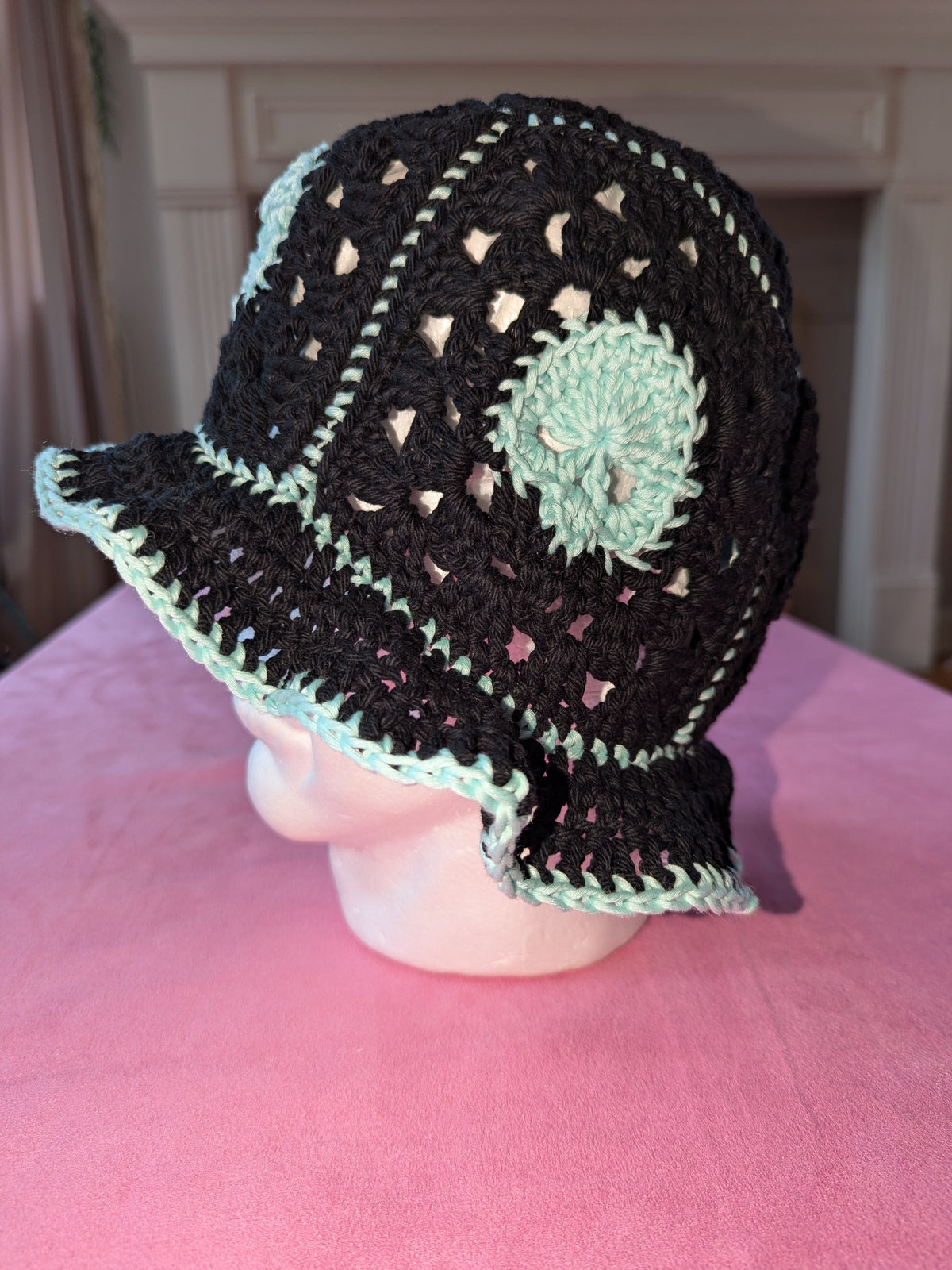 Glow in dark ✨ Skulls Crochet Bucket hat in icy blue x black