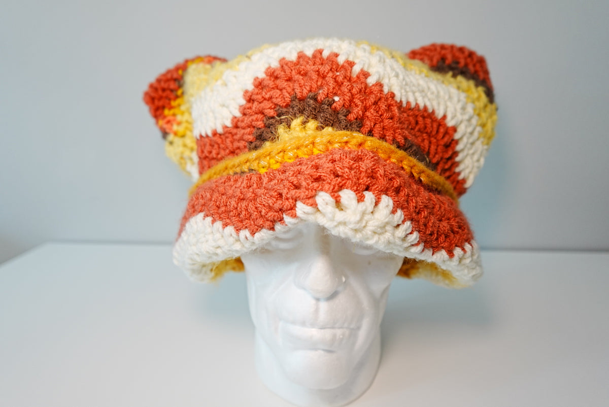 Wavey Crochet Cat Ear Hat in Brown Orange and Multi color