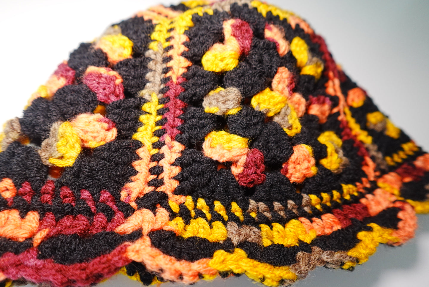 Crochet Granny Square Bucket Hat in Black x Orange mix