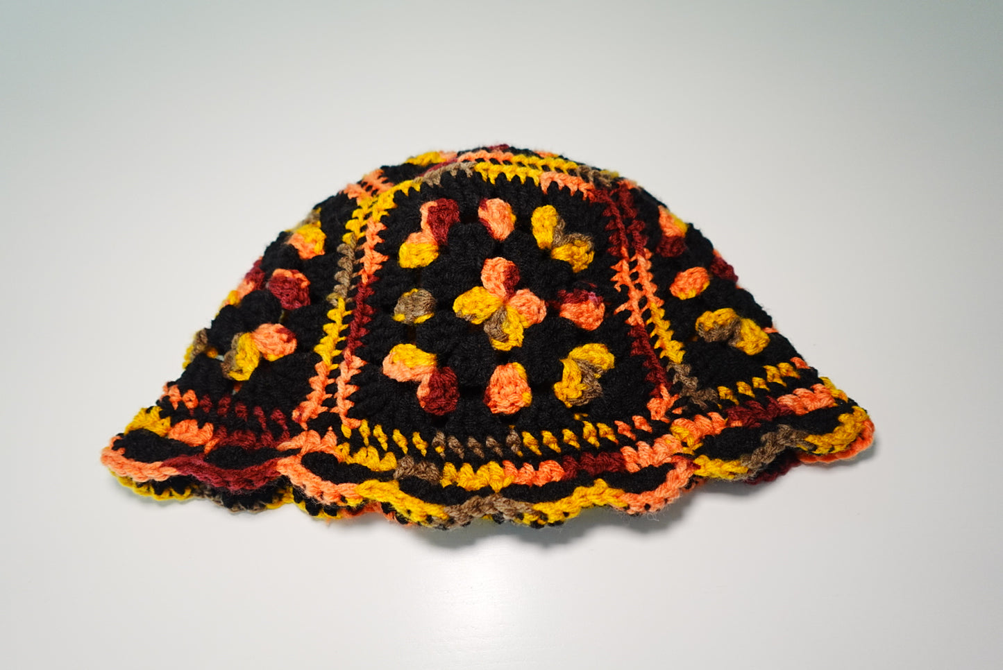 Crochet Granny Square Bucket Hat in Black x Orange mix