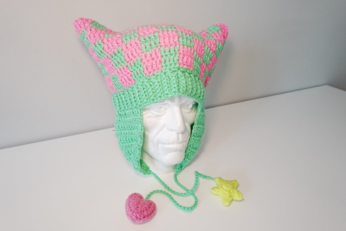 Checkered Cat Ears Crochet Hat in NeonPink x MintGreen