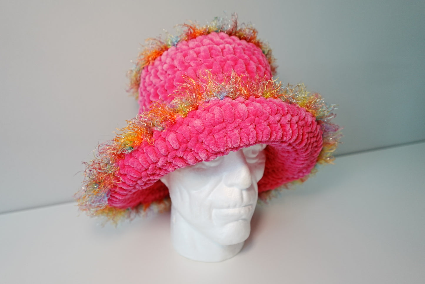 NeonPink Fluffy Crochet Bucket Hat